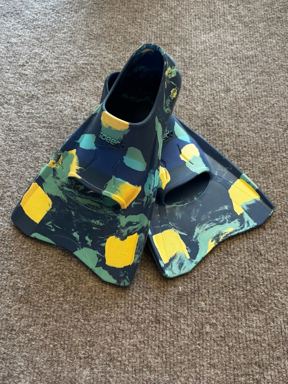 Speedo Navy Swim Training Fins with Yellow & Teal Accents